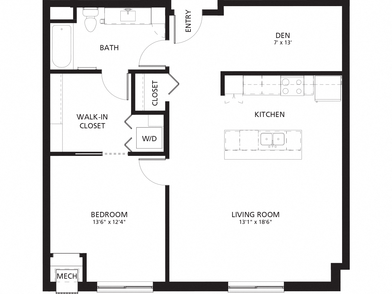 Floor plan for 1 bed, 1 bath, 953 sqft